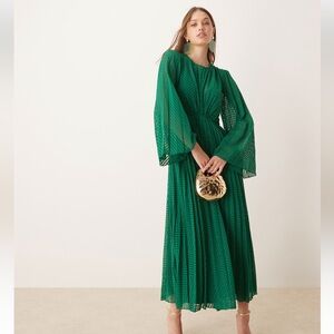 ASOS DESIGN green tie back fluted sleeve pleated chevron chiffon midi dress.